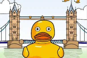 A illustration of a duck on River Thames in front of Tower Bridge