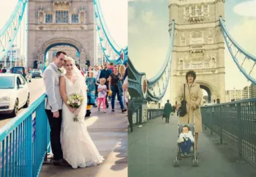 On the right photo is a couple in wedding attire in front of Tower Bridge. On the left photo is a mother and a baby boy in front of Tower Bridge.