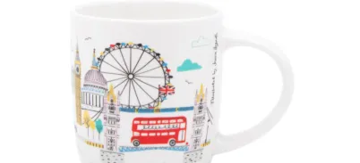 Mug featuring an illustration of London landmarks by Jessica Hogarth.