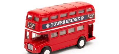Die-cast metal model toy of a London Bus with Tower Bridge written across the side.