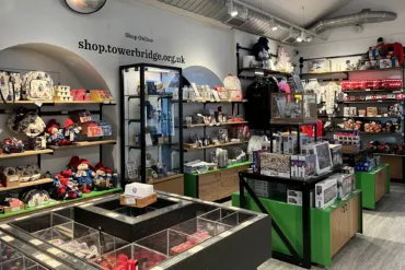 Products such as pins, puzzles, soft toys in the Tower Bridge Gift shop