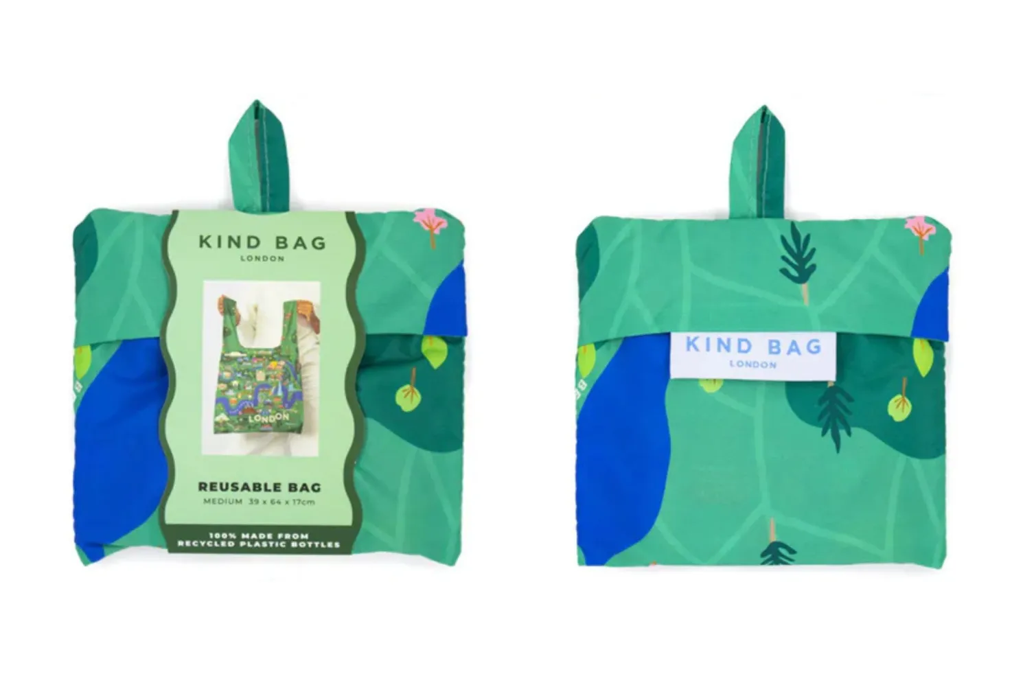 The front and back of a folded green reusable bag by the brand Kind Bag.
