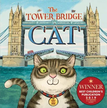 An illustration of Bella, the Tower Bridge Cat in front of Tower Bridge