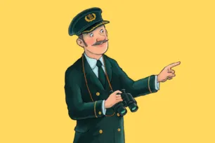Illustration of man in a dark naval-style uniform and cap, holding binoculars