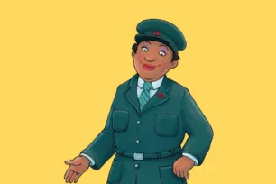 Illustration of a woman in a belted bus driver's uniform and cap