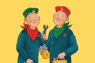 Two young people in engineers overalls holding spanners and a can of oil