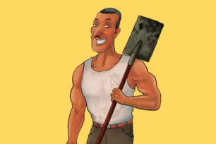 A muscly man in a white vest holding a bucket of coal and a long handled coal shovel