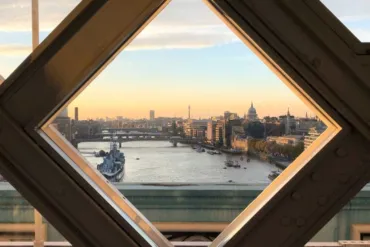 London views out of a window on the High-level Walkways at Tower Bridge