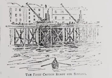 Historic illustrations showing "The First Caissons Ready for Sinking" during Tower Bridge's construction