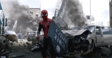 Spider man using the Tower Bridge sign as a shield