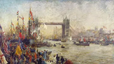 Bright and expressionistic oil painting of Tower Bridge with flags flying and boats on the river