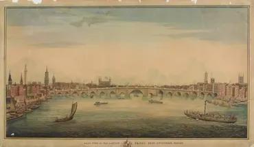 Historic painting of old London Bridge showing 18+ arches, sailing boats and a paddle-steamer