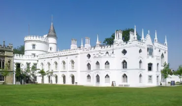 Strawberry Hill House, a large white building designed in Neo-Gothic style.