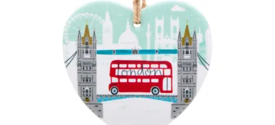 Hanging ceramic decoration featuring Tower Bridge and a red bus.