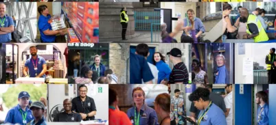 A collage of photos of Tower Bridge staff working and interacting with visitors.