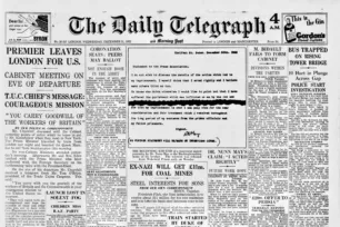 Daily Telegraph front page from 1952 filled with eight columns of tiny text