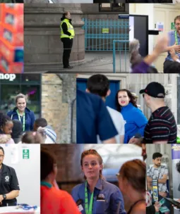 A collage of photos of Tower Bridge staff working and interacting with visitors.